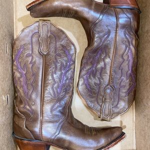 NOCONA Womens Leather Western Cowgirl Riding Boots. Brown w/ purple embroidery.